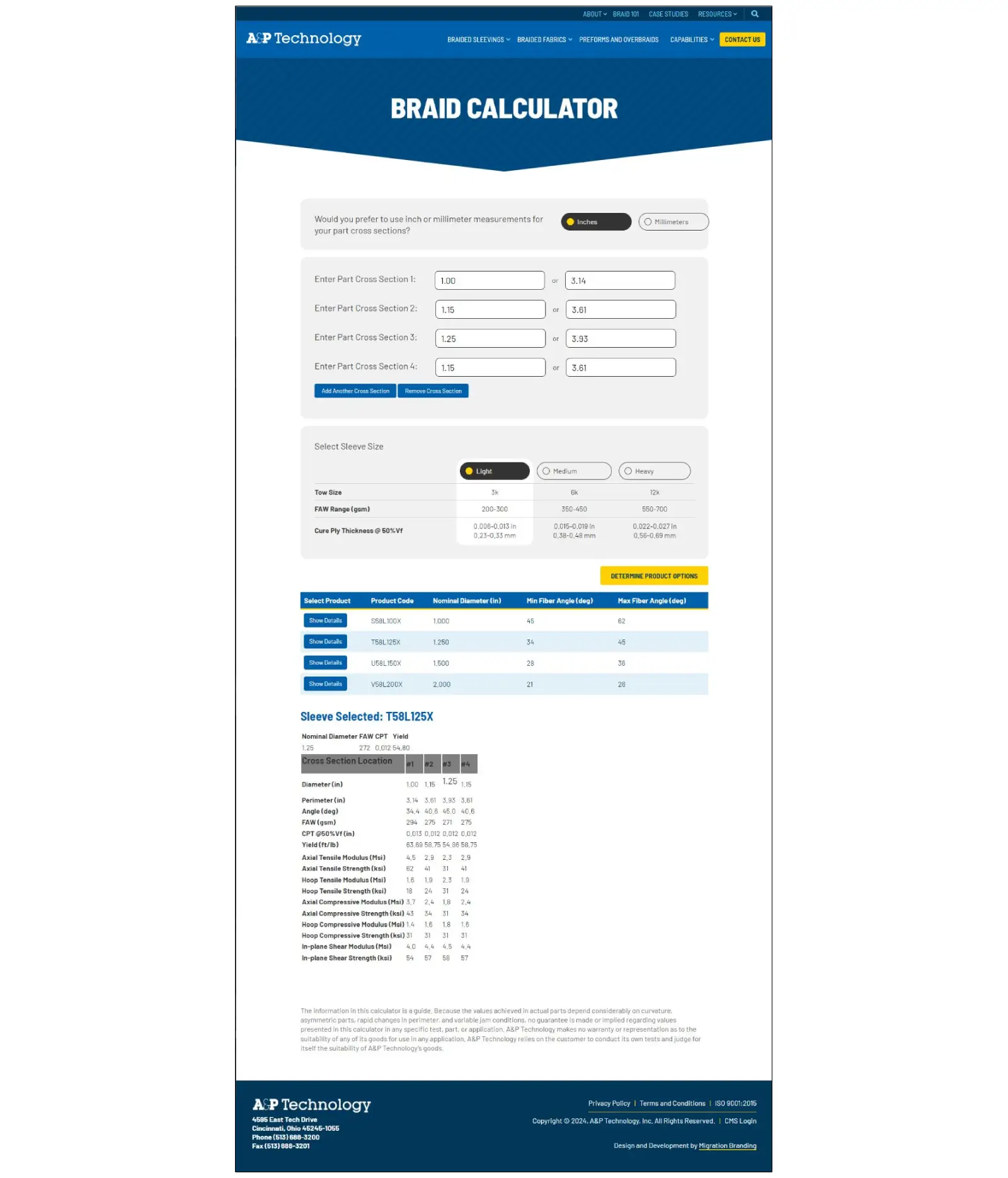Full A&P Technology Braid Calculator interface showing inputs, product options and technical data
