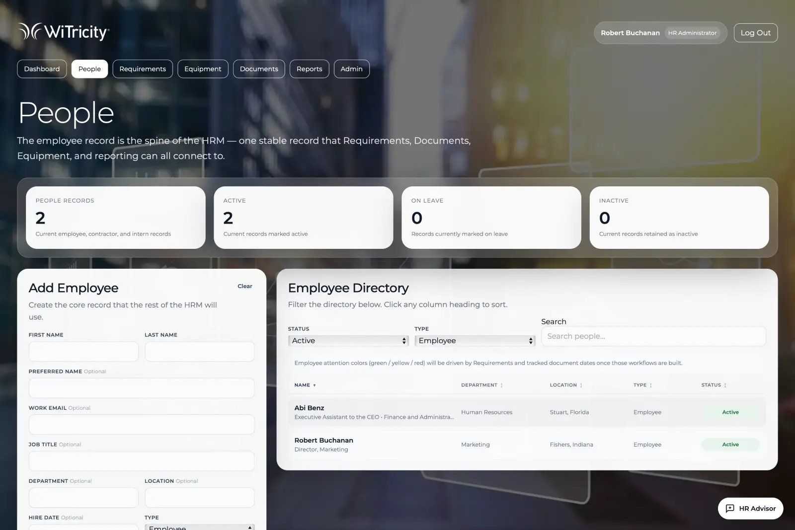 People Operations system showing employee requirements, deadlines, document links, and reporting