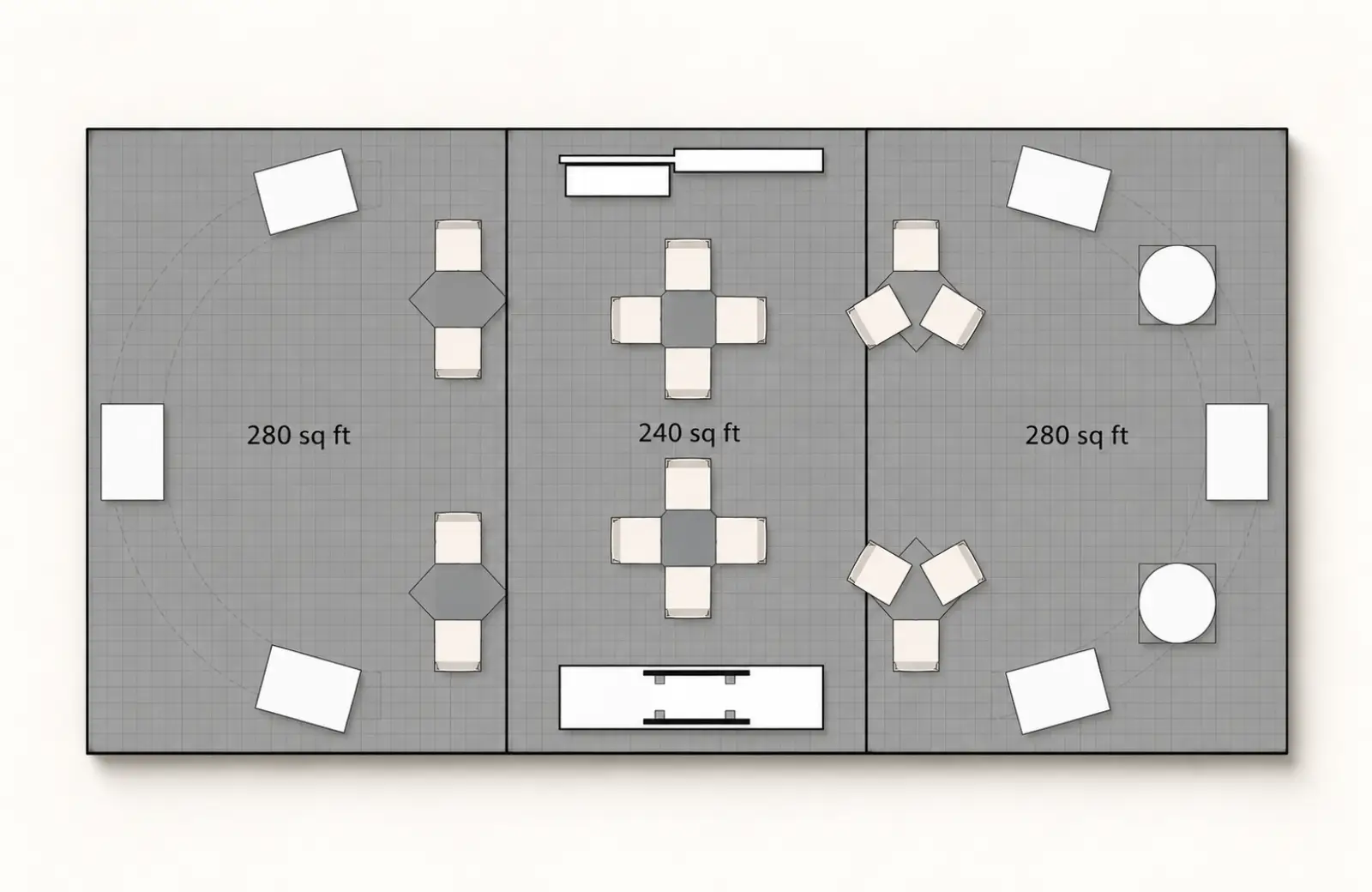 Scaled trade show floor plan showing booth zones, furniture, displays, and exhibit space