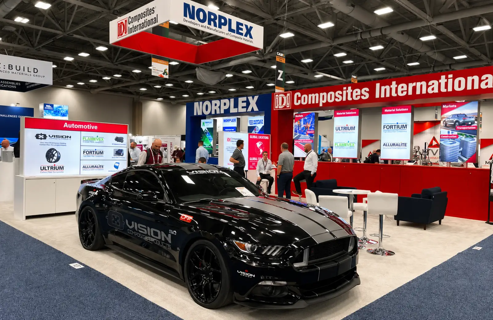 Completed IDI Composites International and Norplex-Micarta exhibit showing environmental graphics and product displays
