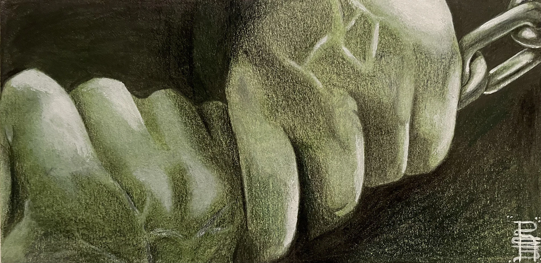 Traditional green-toned illustration of hands gripping a heavy chain