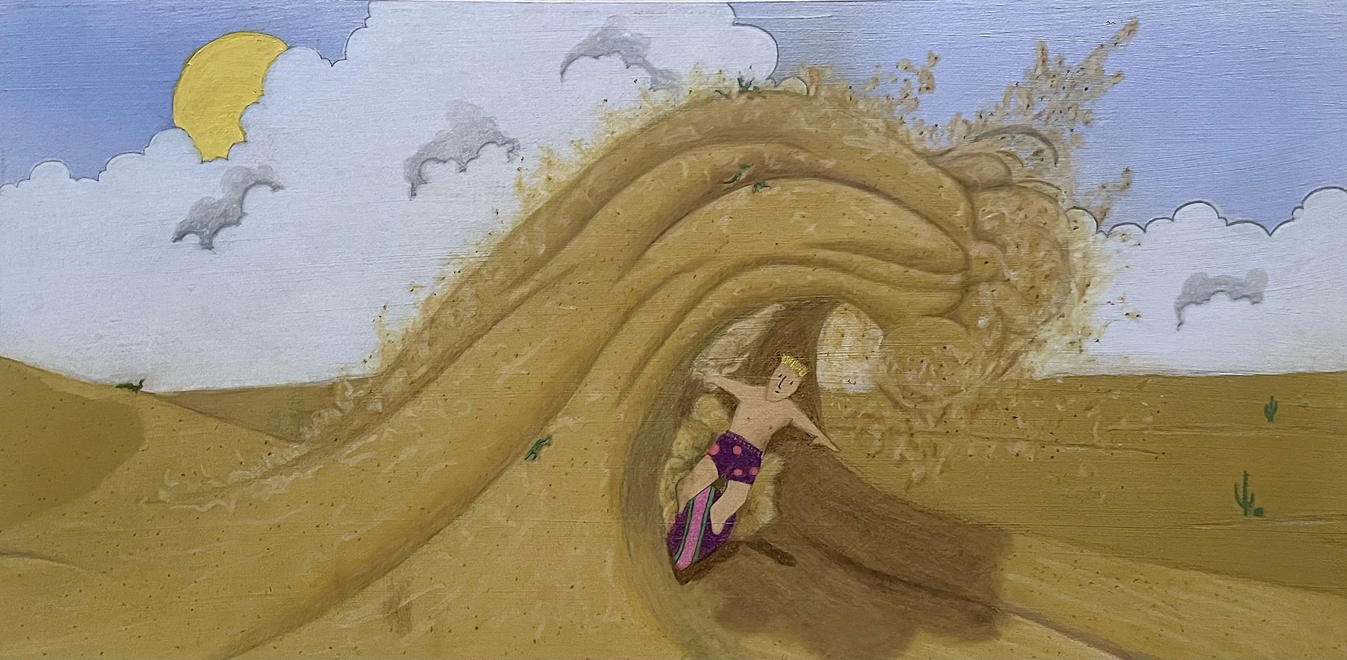 Traditional mixed-media illustration of a surfer inside a large curling wave
