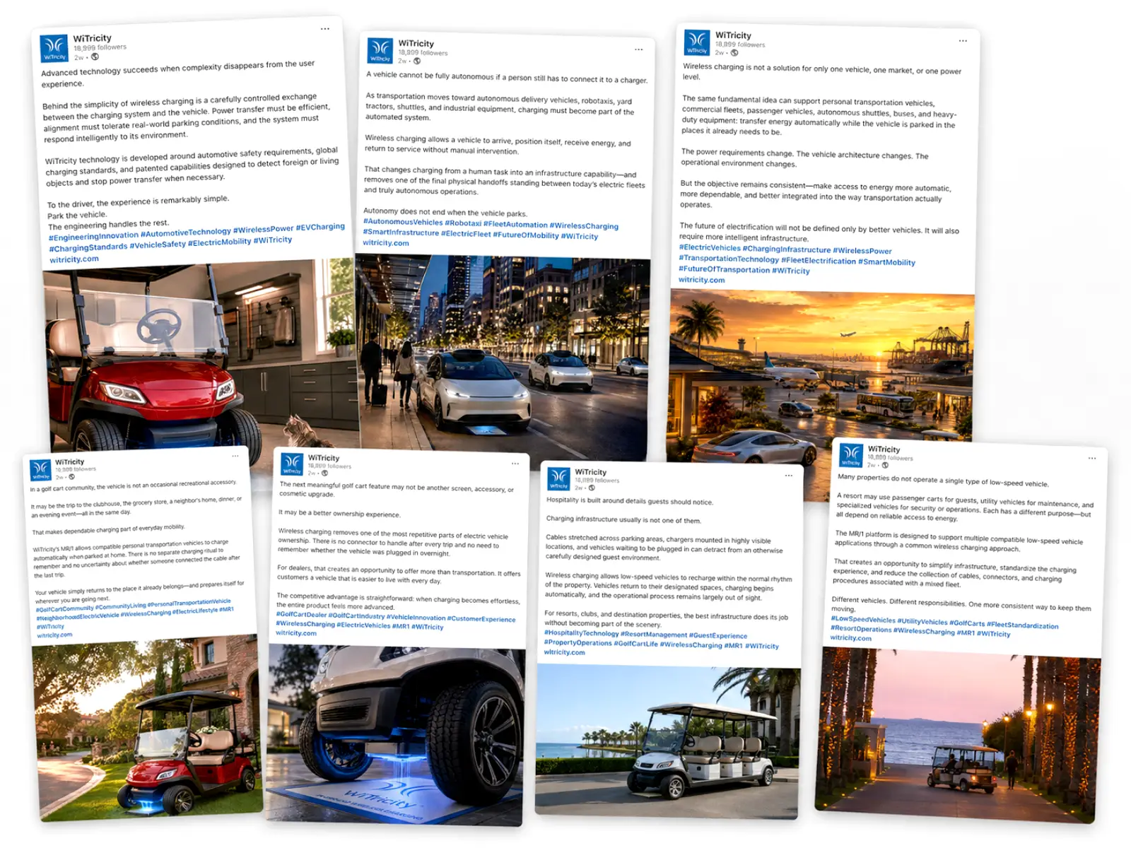 Collage of WiTricity social media posts spanning engineering, autonomy, hospitality, community mobility, and fleet operations