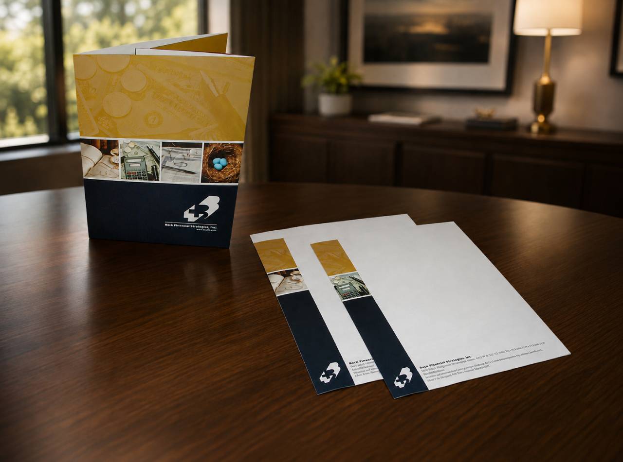 Branded marketing materials including folder and stationery